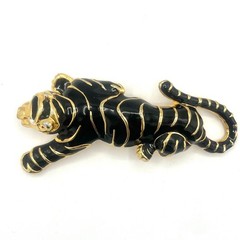 Vintage Black Enamel Tiger/Panther Brooch With Clear Rhinestone Eyes – 4.25″