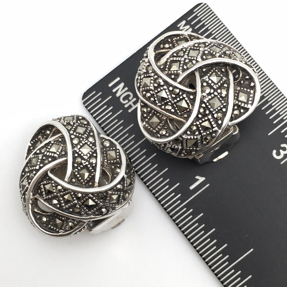 Vintage Sterling Silver Marcasite Knot Clip On Earrings Marked 925 14g #22