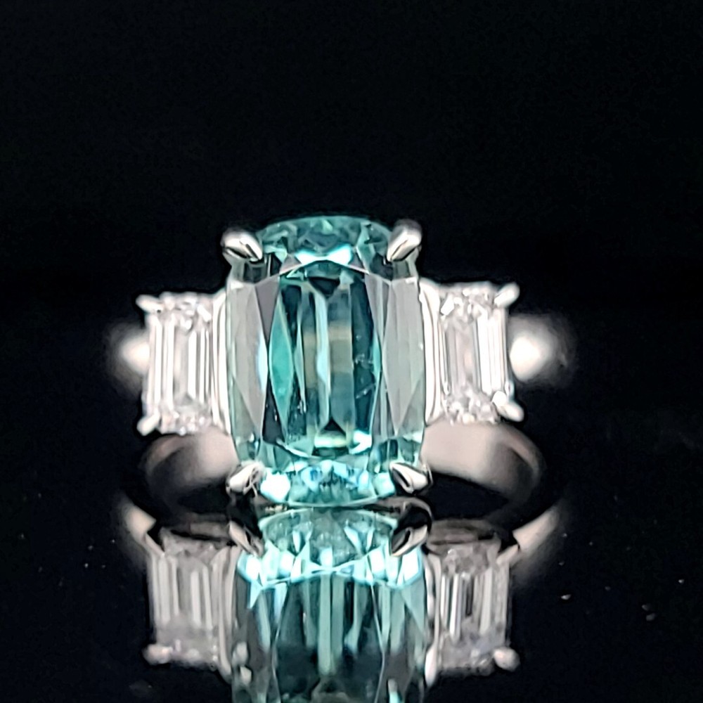 14k White Gold Engagement Ring 4.23ct.Natural Sky Blue Tourmaline Cushion Shape