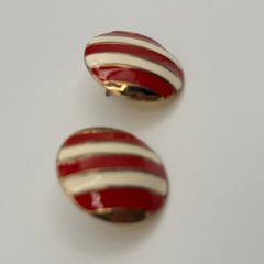 Vintage Red Cream Enamel Striped Gold Tone Round Stud Button Earrings Nautical