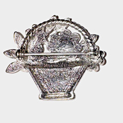 Brooch Pin Flower Basket Silver Tone Liz Claiborne Rhinestones Glitter VTG 1.5”