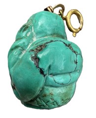 Vintage Semi Precious Turquoise Carved Buddha Budai Charm Pendant Hear No Evil