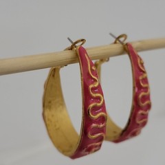 Vintage Gold Tone Pink Blue Enamel Dangle Hoop Earrings Statement
