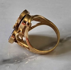 Vtg Womens Round Blue Disk & Rhinestone Cocktail Ring Marked ~ 18kt H.G.E.
