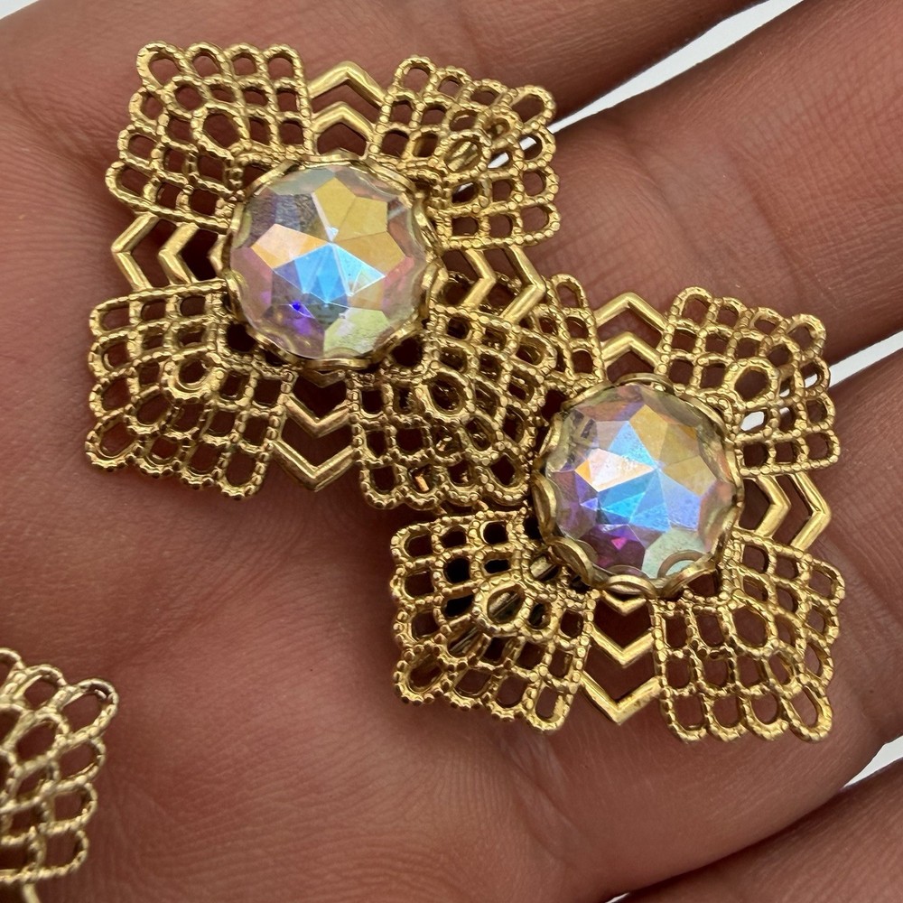 Vintage AB Rhinestone Brooch Pendant Clip On Earring Set Gold Tone Filigree Read