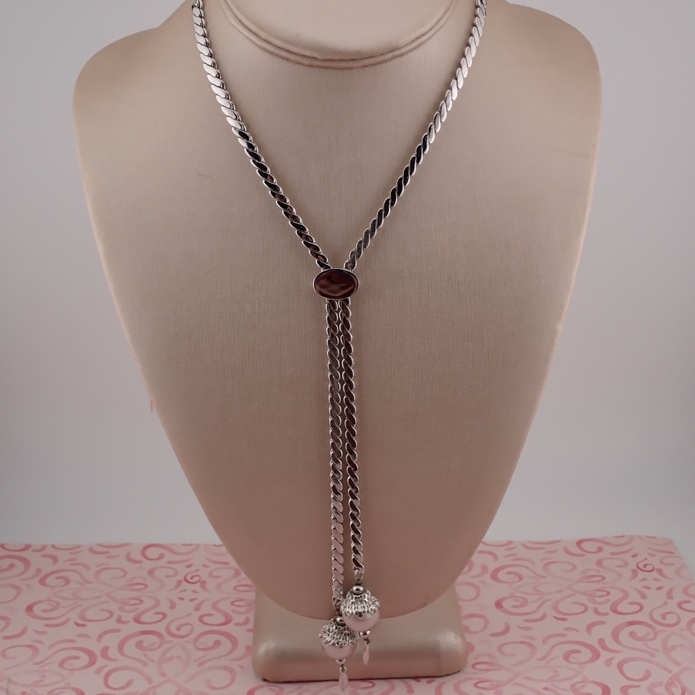 Monet Lariat Slide Silver Tone Cobra Filigree Dangle Ball Adj to 20″ Necklace
