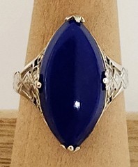Antique Art Deco Marquise Shape Lapis Lazuli Sterling Silver Filigree Ring 6.5
