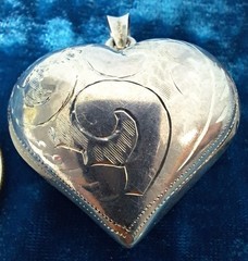 Vintage Puffy Heart Pendant Necklace Etched Design Included SS Chain 925