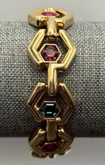 VTG 80s SWAROVSKI SWAN Gold Tone Hexagon Link Bracelet Green Purple Red Crystal