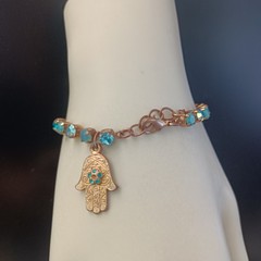 AMARO Tennis Bracelet Hamsa Turquoise Aqua Blue Crystals Gold Tone VTG Boho AB