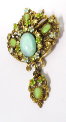 Vintage ART Arthur Pepper Flower Dangle Brooch Teal Glass Gemstones Pin RARE