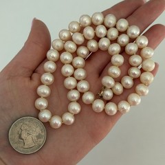 Vintage 9MM Big Genuine Real Pearl Hand Knotted 14K Yellow Gold Necklace 18″