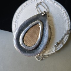 Vintage Golden Rutilated Quartz Teardrop Pewter Pendant Chain Necklace 18″L