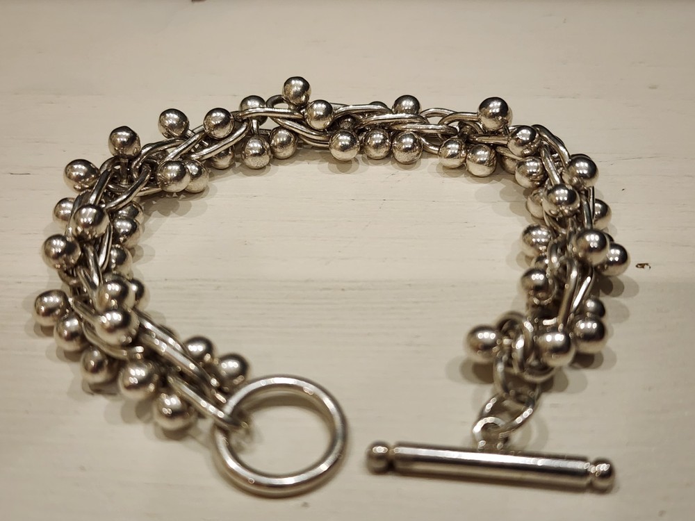 Vintage Heavy Silver Tone Ball Bead Cha Cha Toggle Bracelet 49g Statement 7.5″