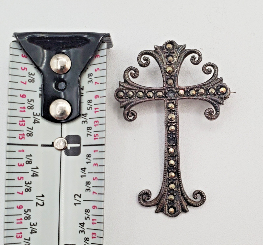 925 Marcasite Cross Brooch Pendant 1.75in Sterling Silver w Patina VTG FLAW