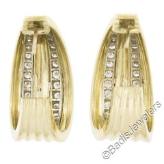 Two Tone Gold 1.35ctw Pave Set Round Diamond Large Grooved Cuff Earrings