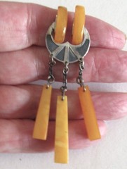 RUSSIA STERLING 875 BROOCH w EGG YOLK AMBER 2 7/8 INCHES