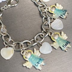 Love Hope Faith Angels Mother of Pearl Hearts Vintage Charm Blue Enamel Bracelet