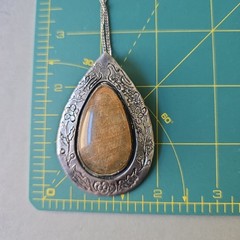 Vintage Golden Rutilated Quartz Teardrop Pewter Pendant Chain Necklace 18″L