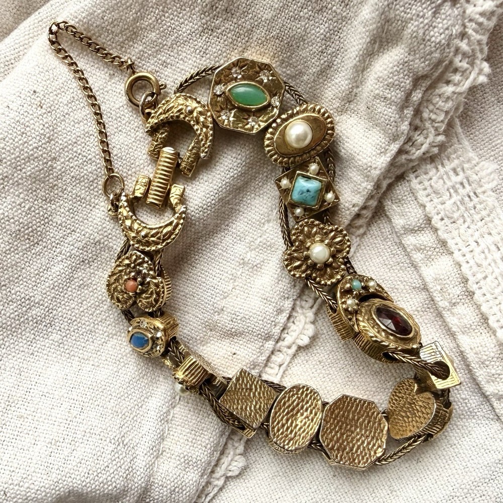Vintage Goldette NY Victorian Revival Slide Charm Bracelet Safety Chain Signed
