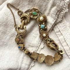 Vintage Goldette NY Victorian Revival Slide Charm Bracelet Safety Chain Signed