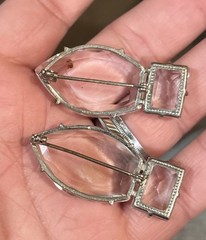 Vintage Pair Of Deco Czech? Clear Crystal Pin Brooch Silver Tone