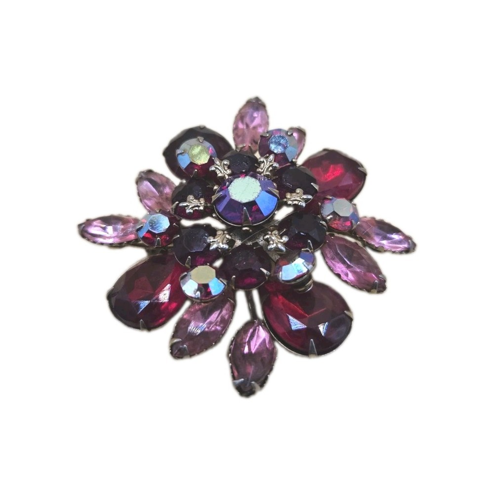 Vintage Brooch Red Pink & Ab Rhinestone Flower Brooch 0368