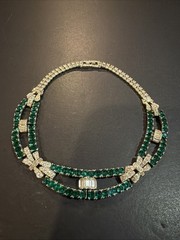 Vintage Art Deco Faux Emerald Green & Clear Rhinestones Collar Necklace