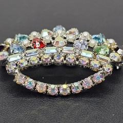 B. David Vintage Crown Brooch Green Glow Pin Multicolor Rhinestone Faux Pearl