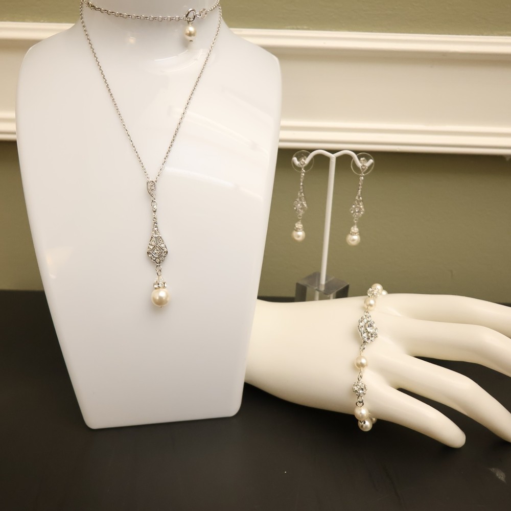 Art Deco jewelry set earrings bracelet necklace ivory faux pearls clear crystals
