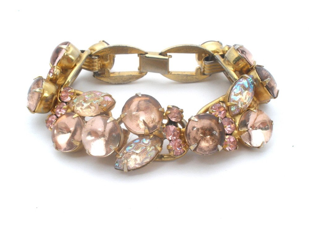 Vintage D & E For Juliana Bracelet Pink Rhinestones 5 Link 7.5″ Long Gold Tone