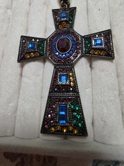 Swarovski Vintage Multi-Color Bronze Cross Pendant 3″ Lrg Detailed Bail one Chip