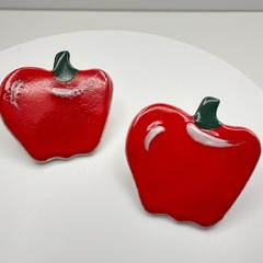 Vintage 90s Red Enamel Apple Earrings Green Leaf Flush Ceramics Fruit Jewelry
