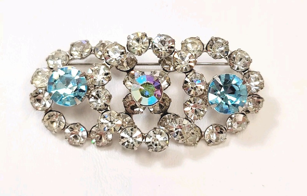 Vintage Clear AB Aqua Rhinestone Three Ring Large Brooch