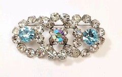 Vintage Clear AB Aqua Rhinestone Three Ring Large Brooch