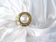 Modernist Sterling Silver 925 w 14K Gold Chunky Pearl Ring FITS Size 6.5