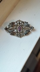 Art Deco Amethyst & Sterling Silver Vintage Brooch, Marcasites, ANtique Style