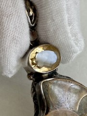 Ammonite Fossil Gemstone Bezel Set 1.75” Pendant 925 Sterling Silver 9.45g Vtg.