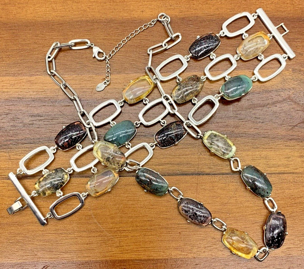 Monet Multi Colored Cabochon Necklace with Wide Chunky Bracelet Silver Tone Set