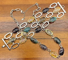 Monet Multi Colored Cabochon Necklace with Wide Chunky Bracelet Silver Tone Set