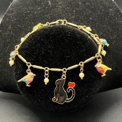 Poor Kitty Cat: Surrounded by Bird Charms On Vintage Chain Bracelet OOAK