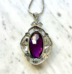 Deco Purple Glass & Multicolor Enamel Filigree Pendant Signed Helgen 17.75”Huge