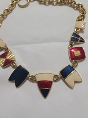 Trifari Signed Vintage Nautical Gold Tone Chain Necklace w Red Blue White Enamel