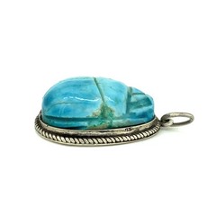 Egyptian Revival Scarab Beetle Vintage Turquoise, Sterling Silver Charm Pendant