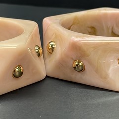 2 Chunky Retro Geometric Hexagon Soft Pink Gold Studed Marbled Bangle Bracelets