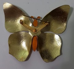 Vintage Made in Germany Enamel Butterfly Brooch Pin Orange Amber Gold Tone LARGE