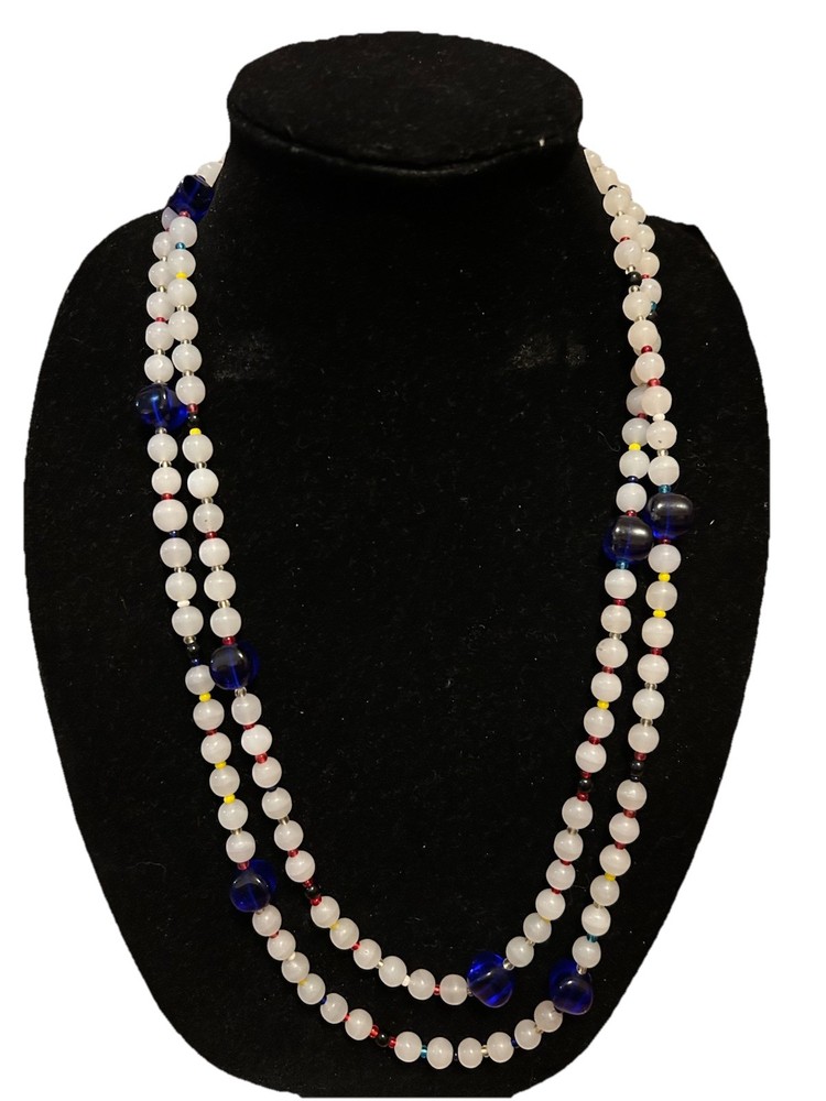 VTG Art Deco Opaline And Cobalt Blue Glass Bead Necklace 56 In