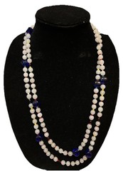 VTG Art Deco Opaline And Cobalt Blue Glass Bead Necklace 56 In