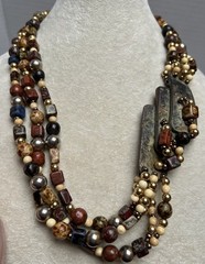 Vintage Carnelian Jasper Gemstone Abstract Triple Strand Gold Tone Necklace 20”