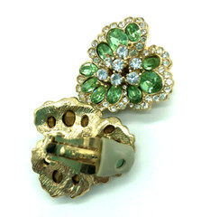 Ciner Green Crystal Leaves Clover Flower Gold Tone Clip Earrings Huge Runway